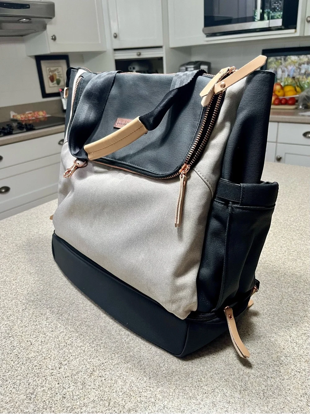 Petunia Pickle Bottom Cream and Black Cross-Print Bag with Rose Gold Hardware